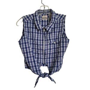 Denim Republic Denim Blue and White Plaid Sleeveless Cropped Zip Closure